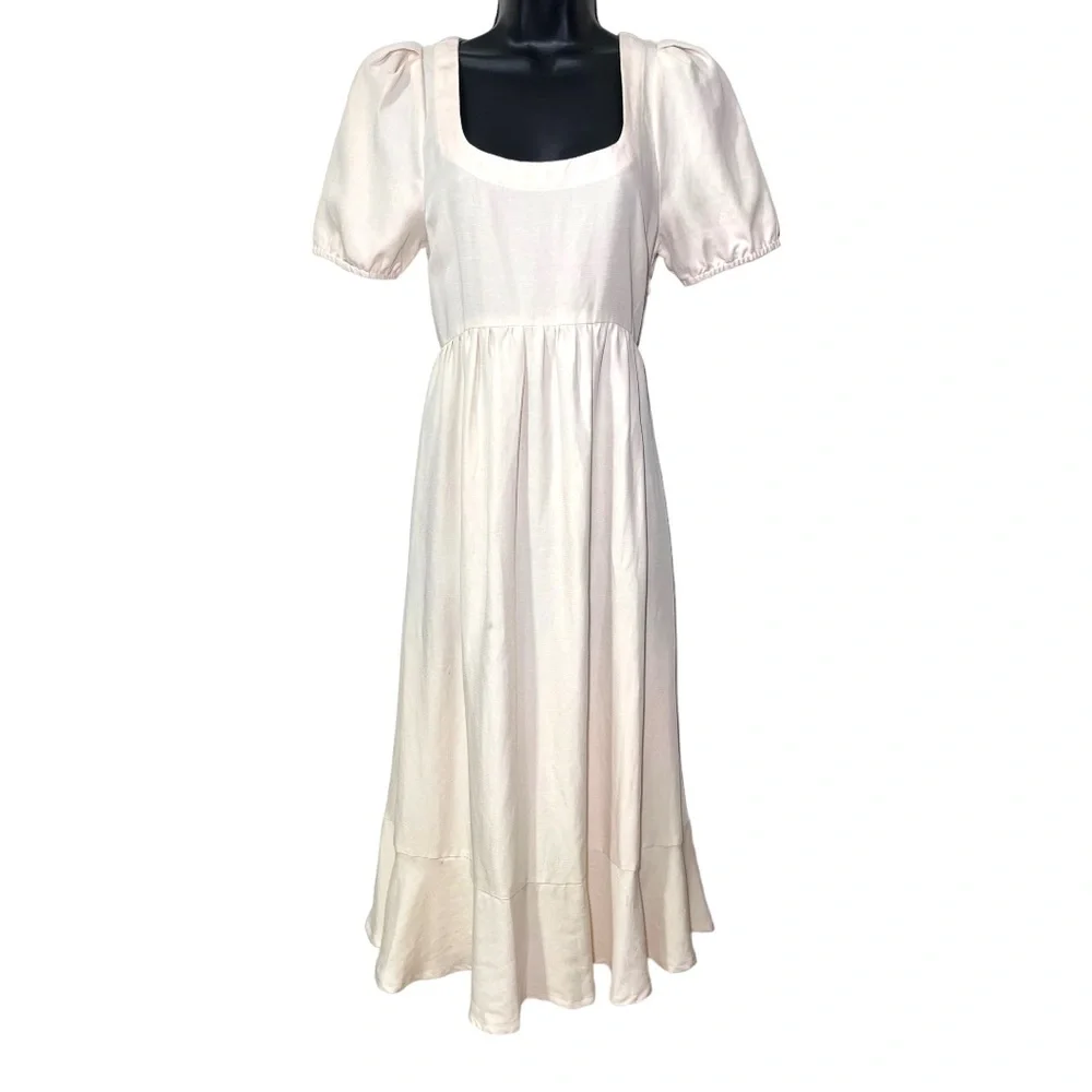 Hatch Cream Tisha Maternity Pleated Puff Sleeve Ruffled Hem Dress - Picture 2 of 6